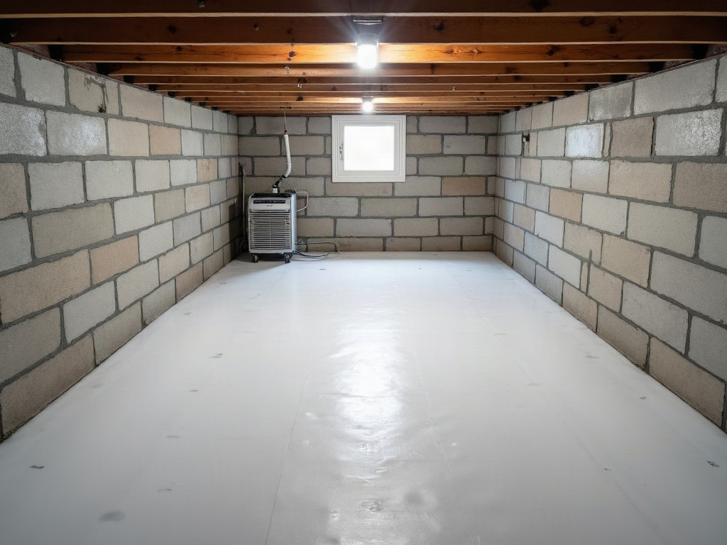 Sealed and encapsulated crawl space under an Algood, Tennessee home with clean white vapor barrier