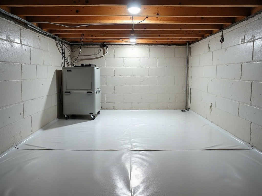 Sealed and encapsulated crawl space with white vapor barrier under a Cookeville, TN home
