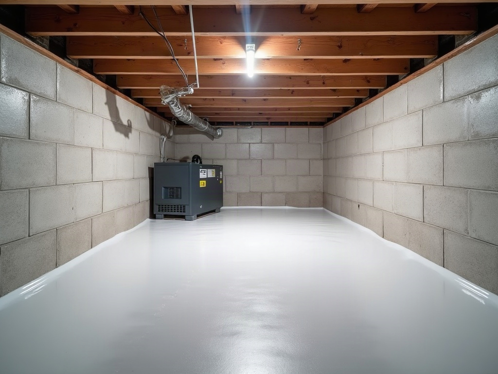 Sealed and encapsulated crawl space under a Gainesboro home with white vapor barrier