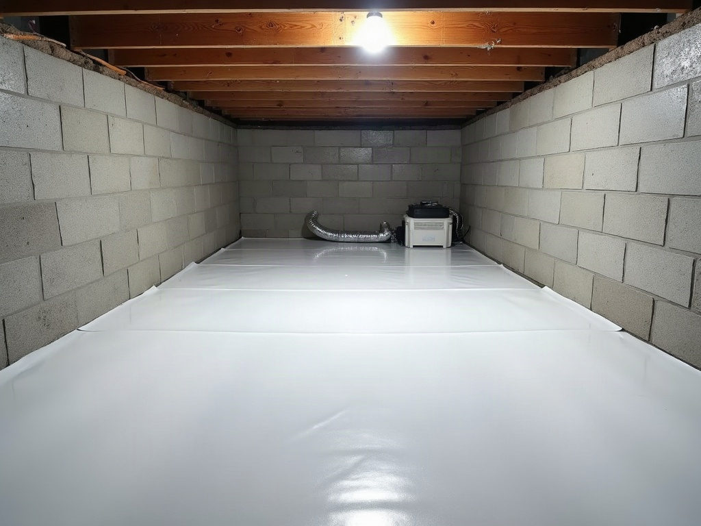 Sealed and encapsulated crawl space under a Smithville home with bright vapor barrier liner