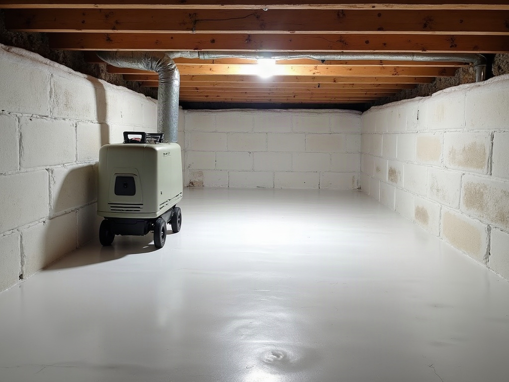 Sealed and encapsulated crawl space with white vapor barrier under a Sparta home